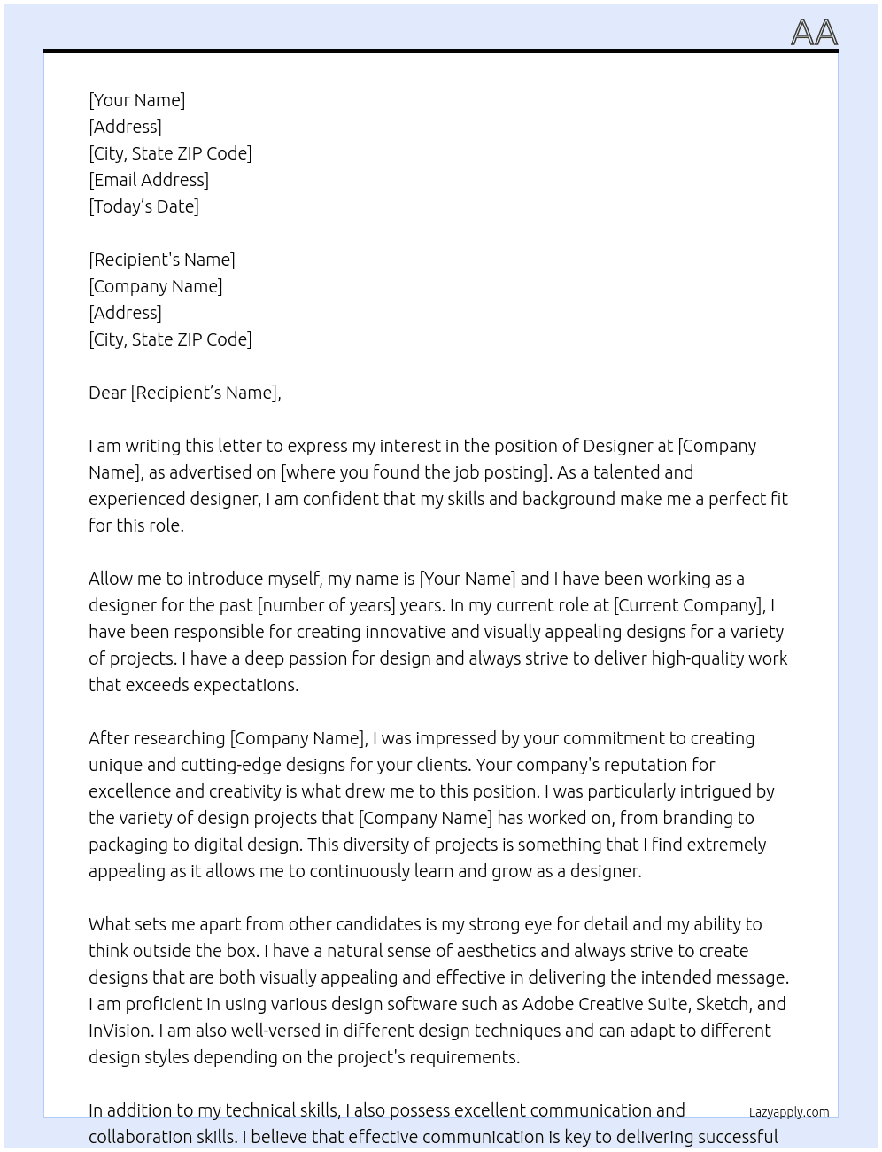 designewr At aa Cover Letter