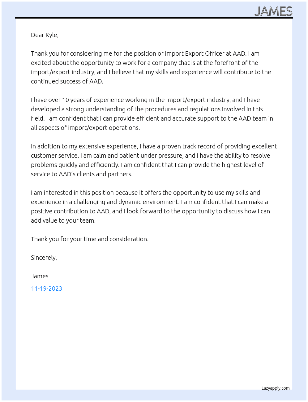 Import export officer At AAD Cover Letter