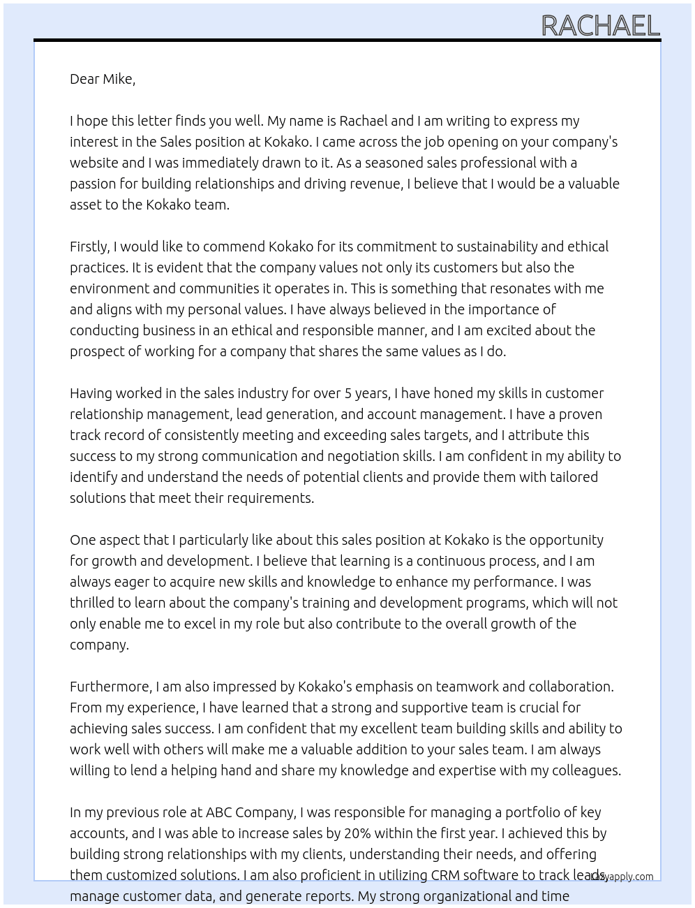Sales  At Kokako Cover Letter
