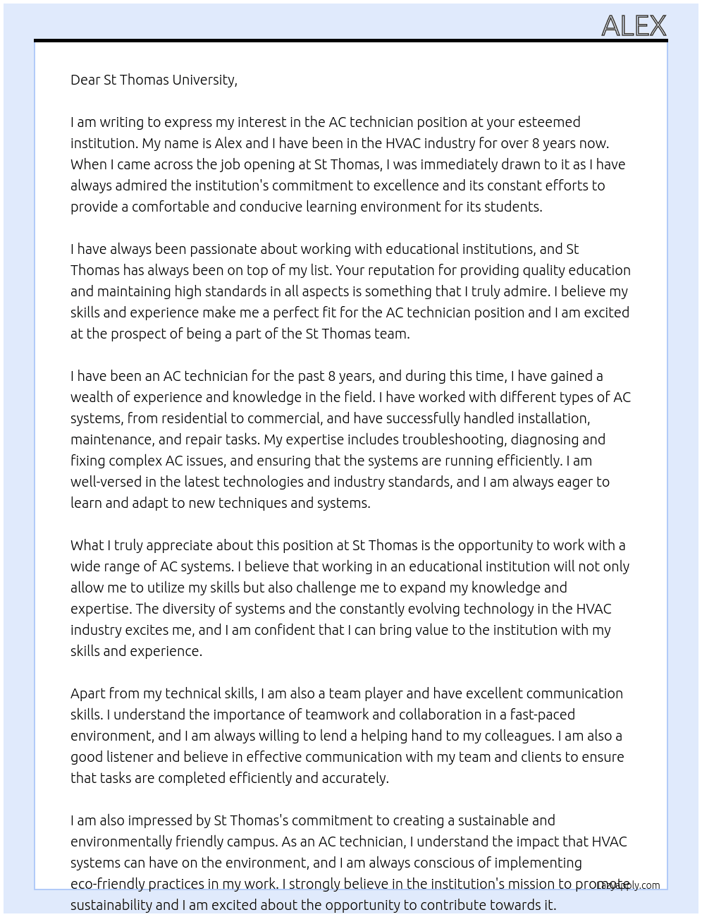 AC technician  At St Thomas Cover Letter