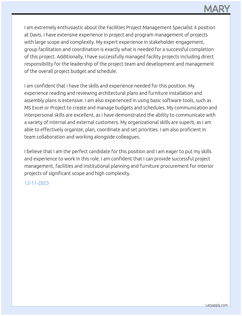 Facilities Project Management Specialist 4 At Davis Cover Letter