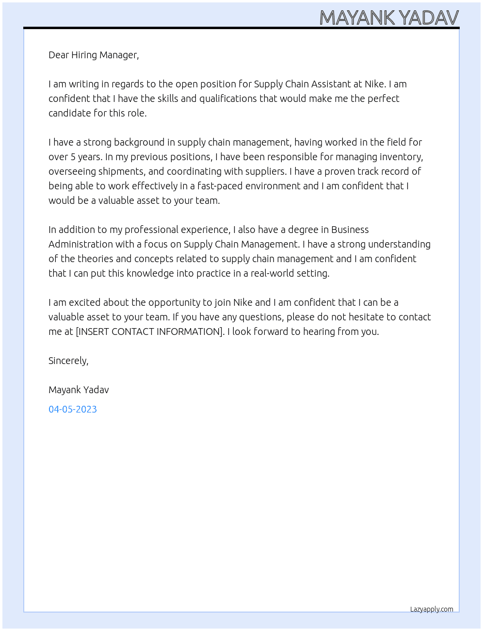 Supply Chain Assistant At Nike Cover Letter