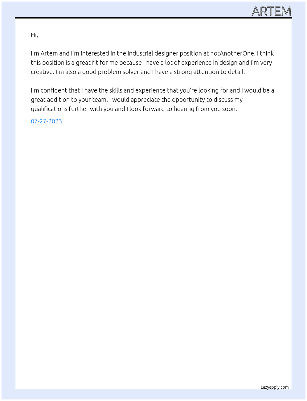 Industrial designer At notAnotherOne Cover Letter