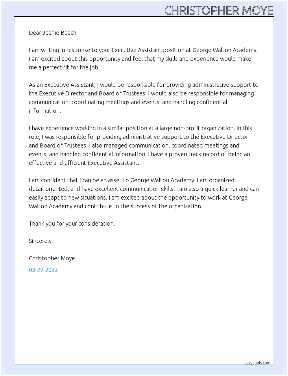 Executive Assistant At George Walton Academy Cover Letter