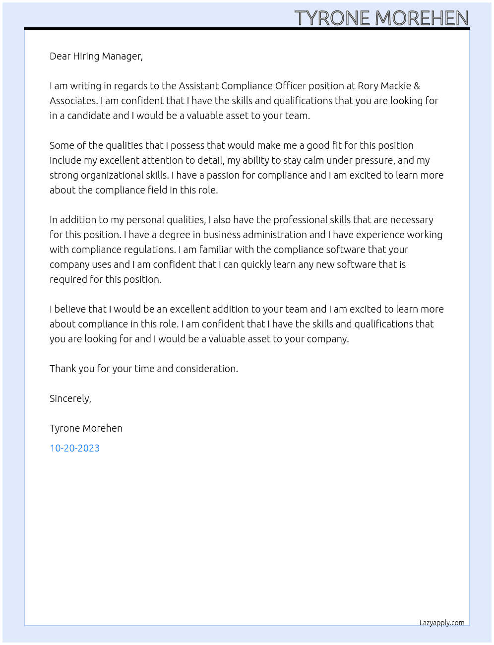 Assistant Compliance Officer  At Rory Mackie & Associates Cover Letter