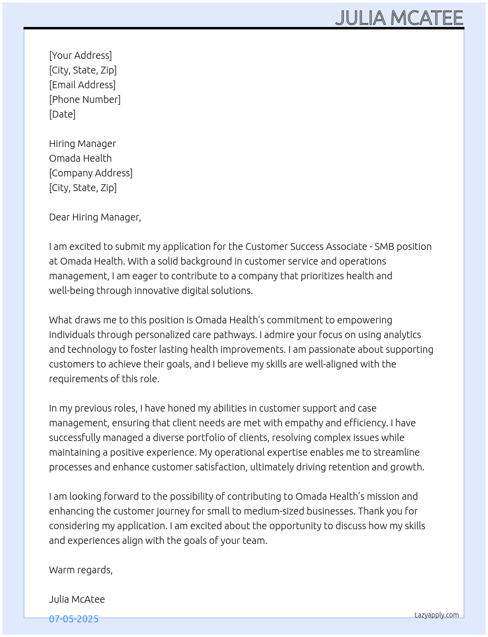 Customer Success Associate - SMB At Omada Health Cover Letter