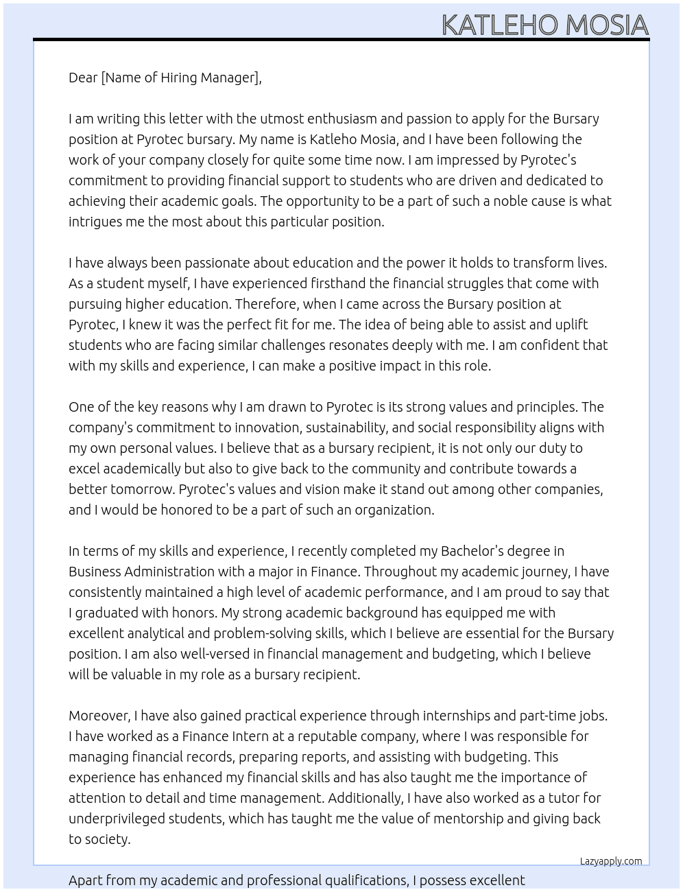 Bursary At Pyrotec bursary Cover Letter