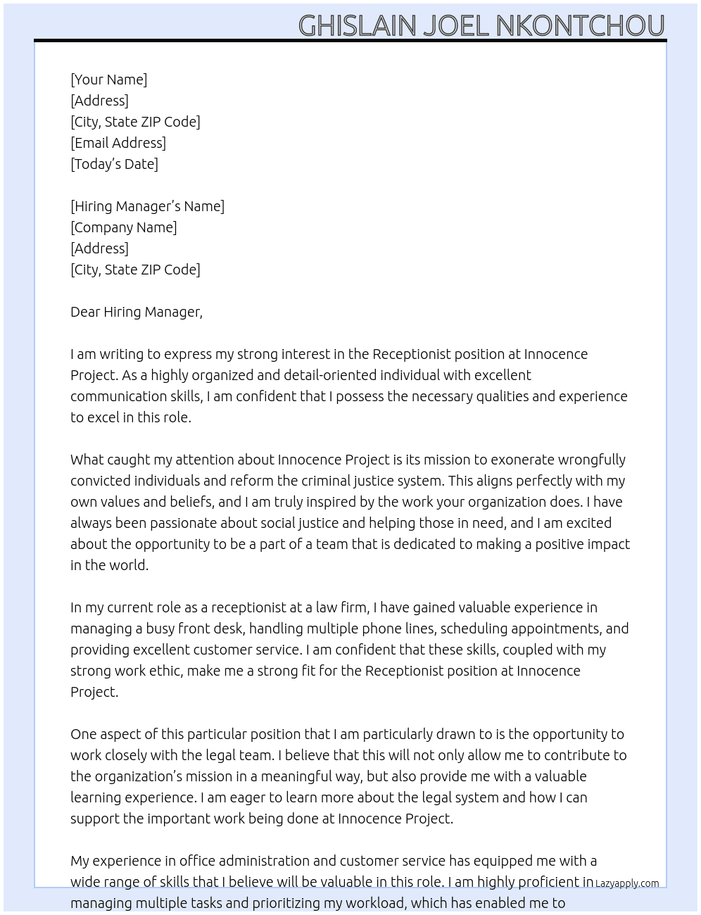 Receptionist At Innocence Project Cover Letter