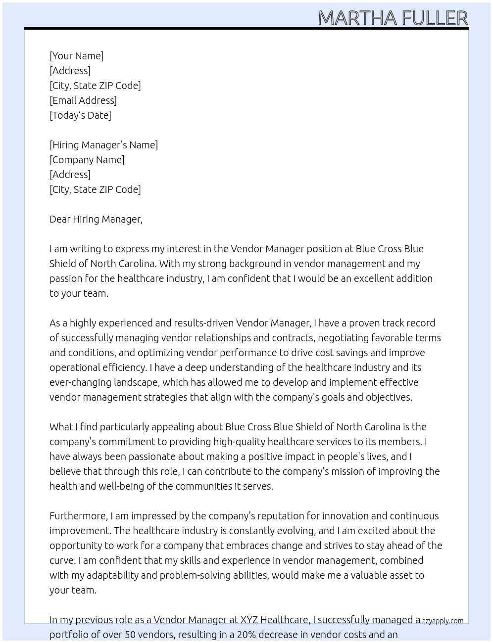 Vendor manager At Blue cross blue shield of North Carolina  Cover Letter