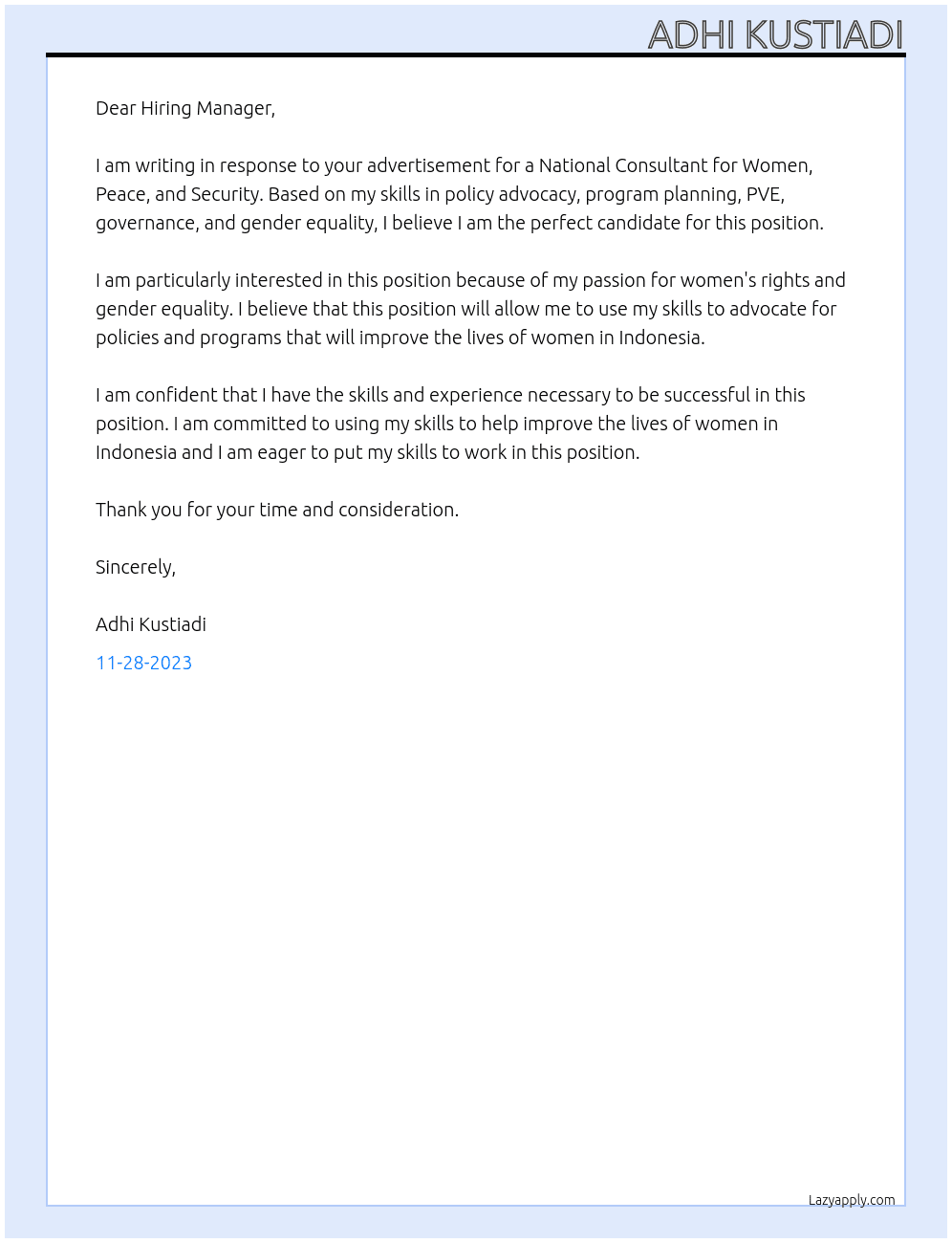 National Consultant for Women, Peace, and Security At UN Women Cover Letter