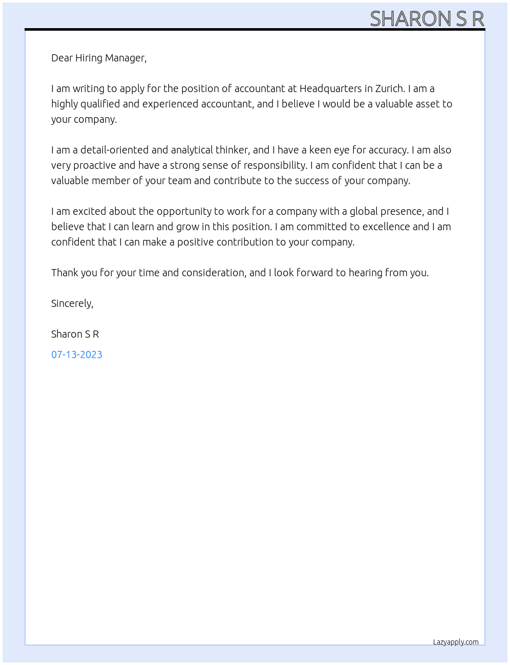 Accountant  At  Headquarters in Zurich Cover Letter