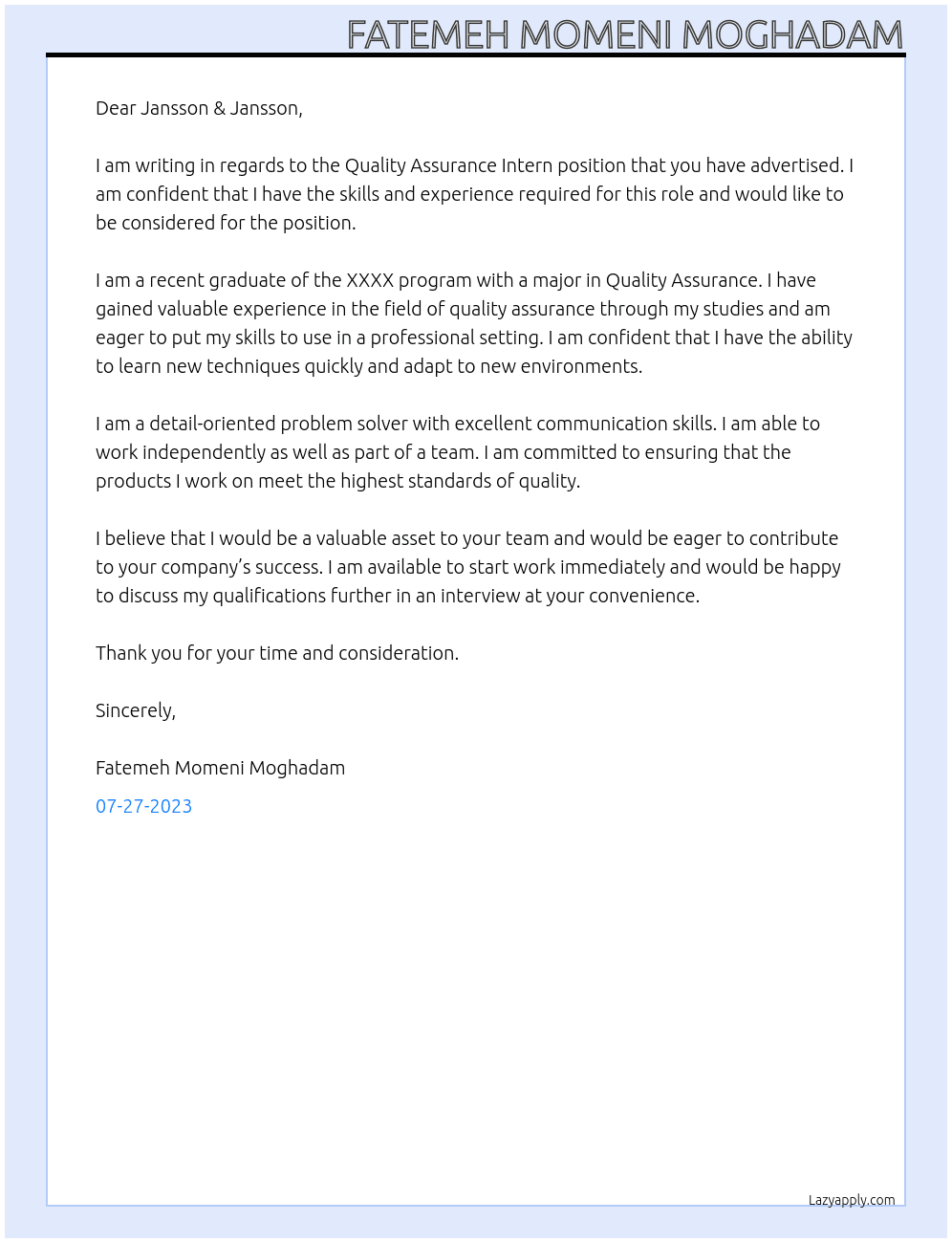 Quality Assurance Intern At Jansson & Jansson  Cover Letter