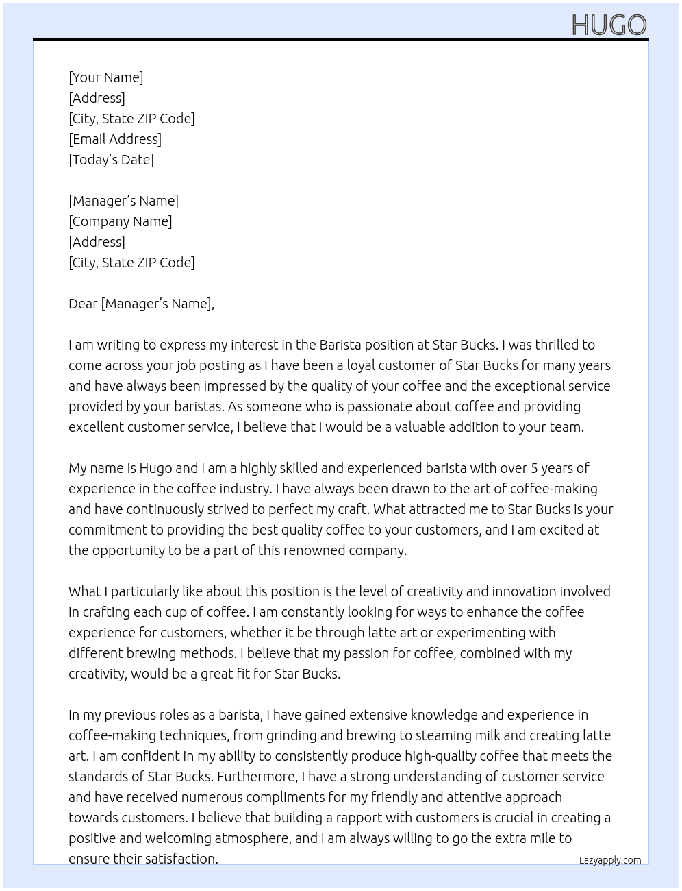 barista At Star Bucks Cover Letter