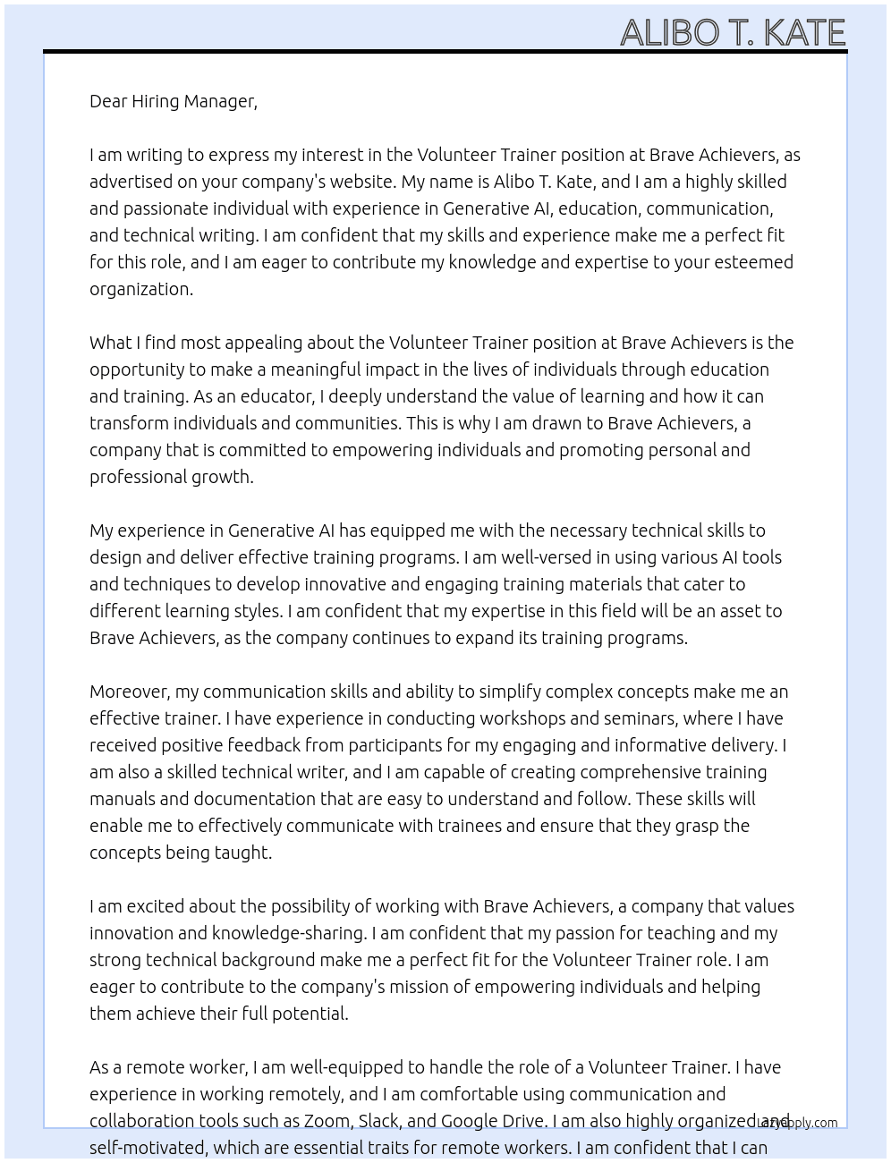 Volunteer Trainer At Brave Achievers Cover Letter