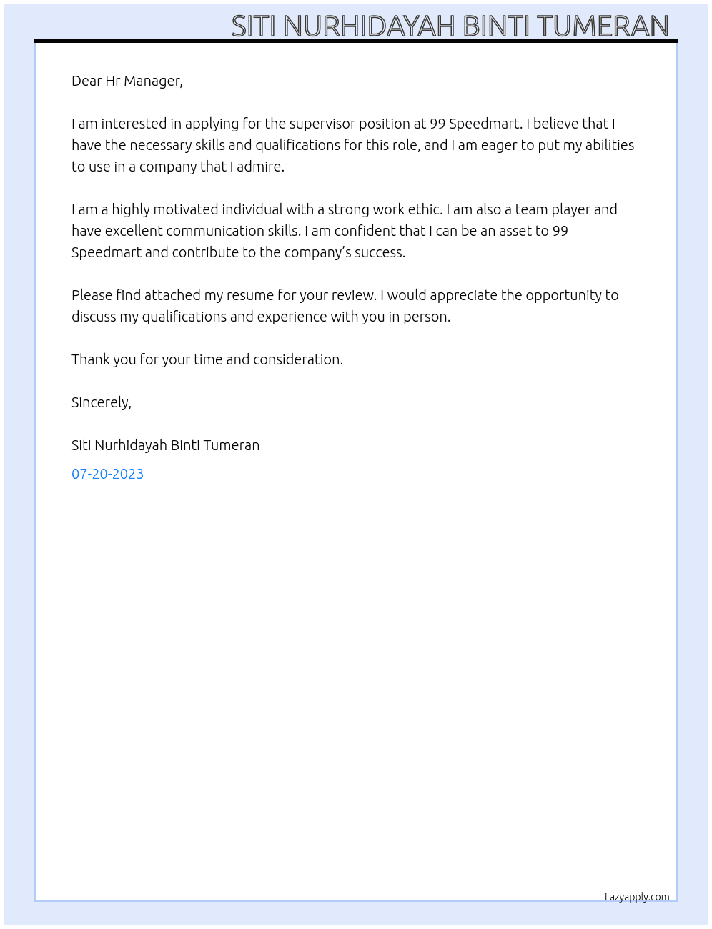 supervisor At 99 Speedmart Cover Letter