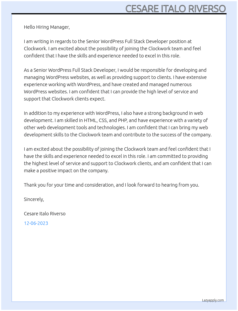 Senior WordPress Full Stack Developer  At Clockwork  Cover Letter
