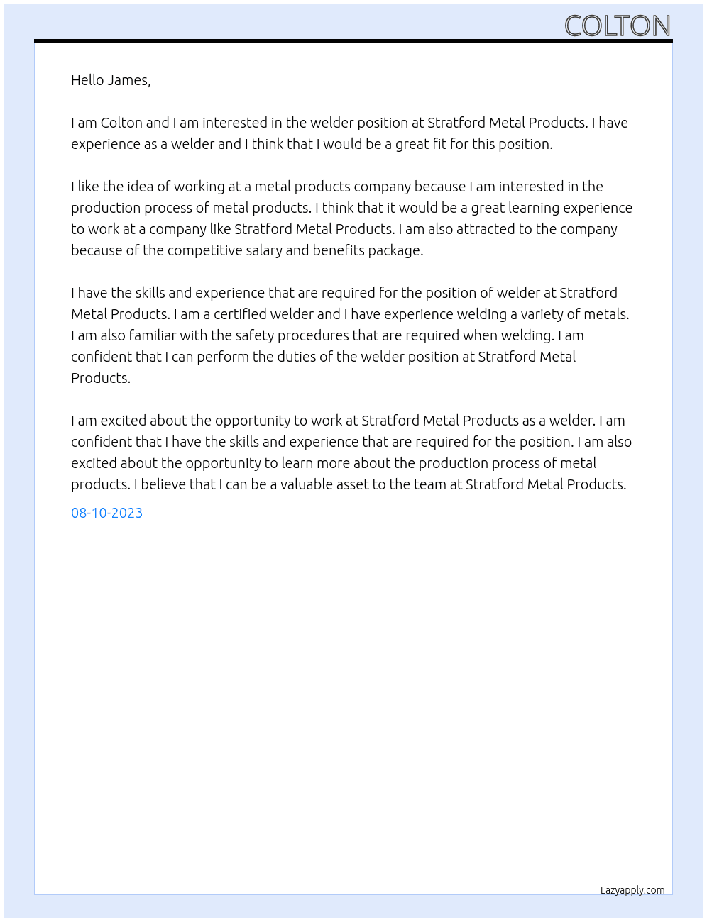 welder At Stratford metal Products Cover Letter