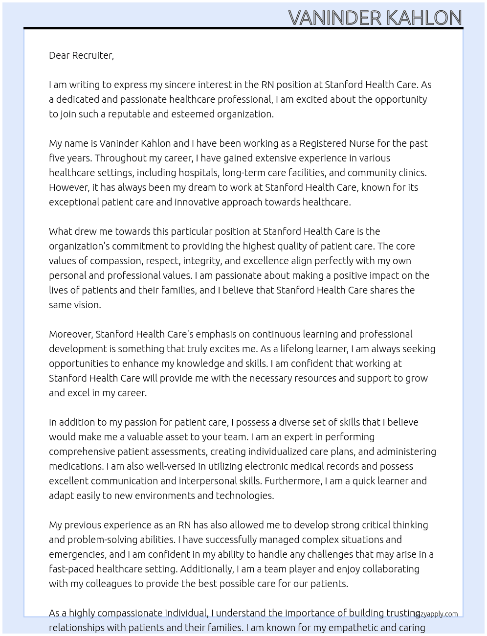RN At Stanford health care Cover Letter