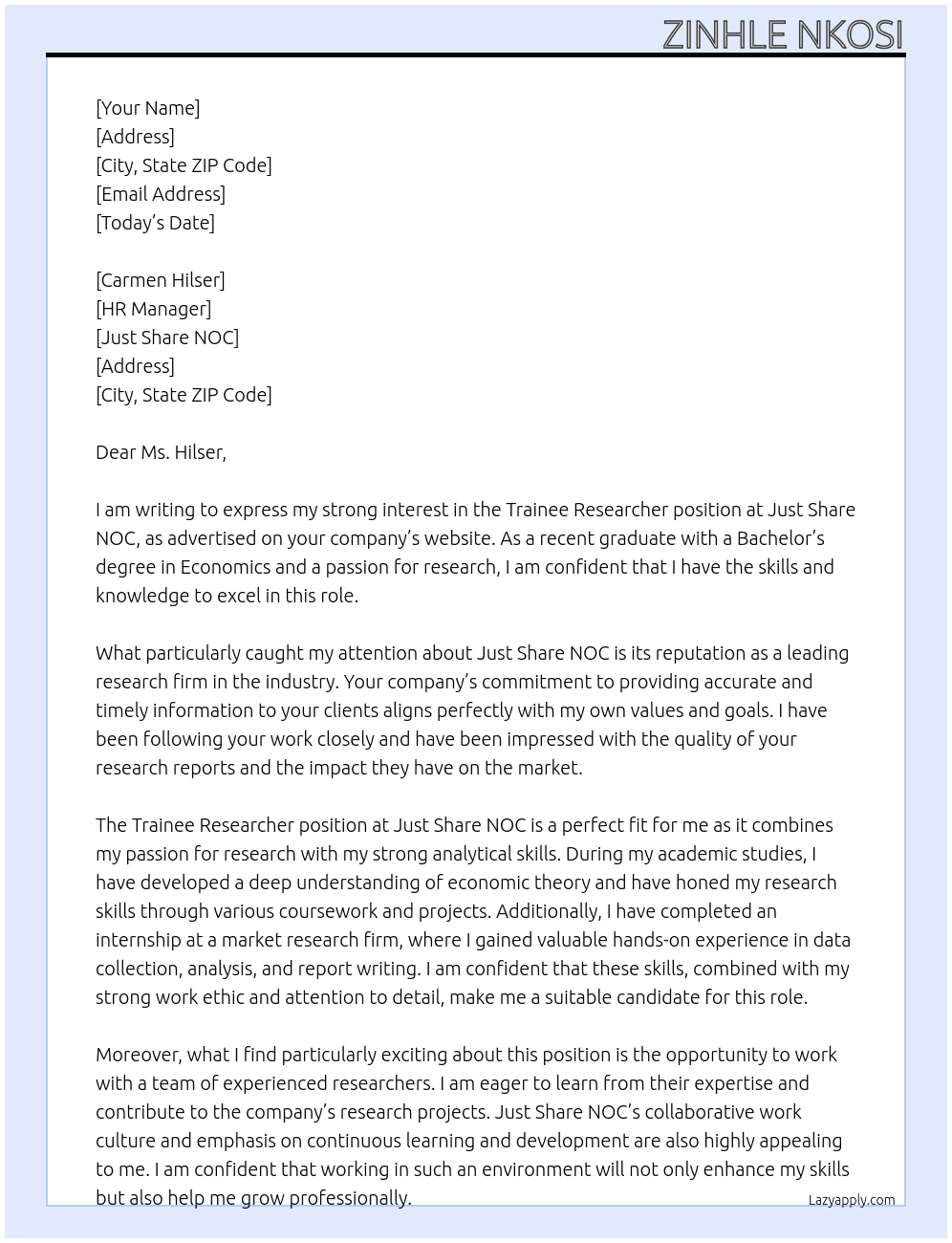 Trainee Researcher At Just Share NOC Cover Letter