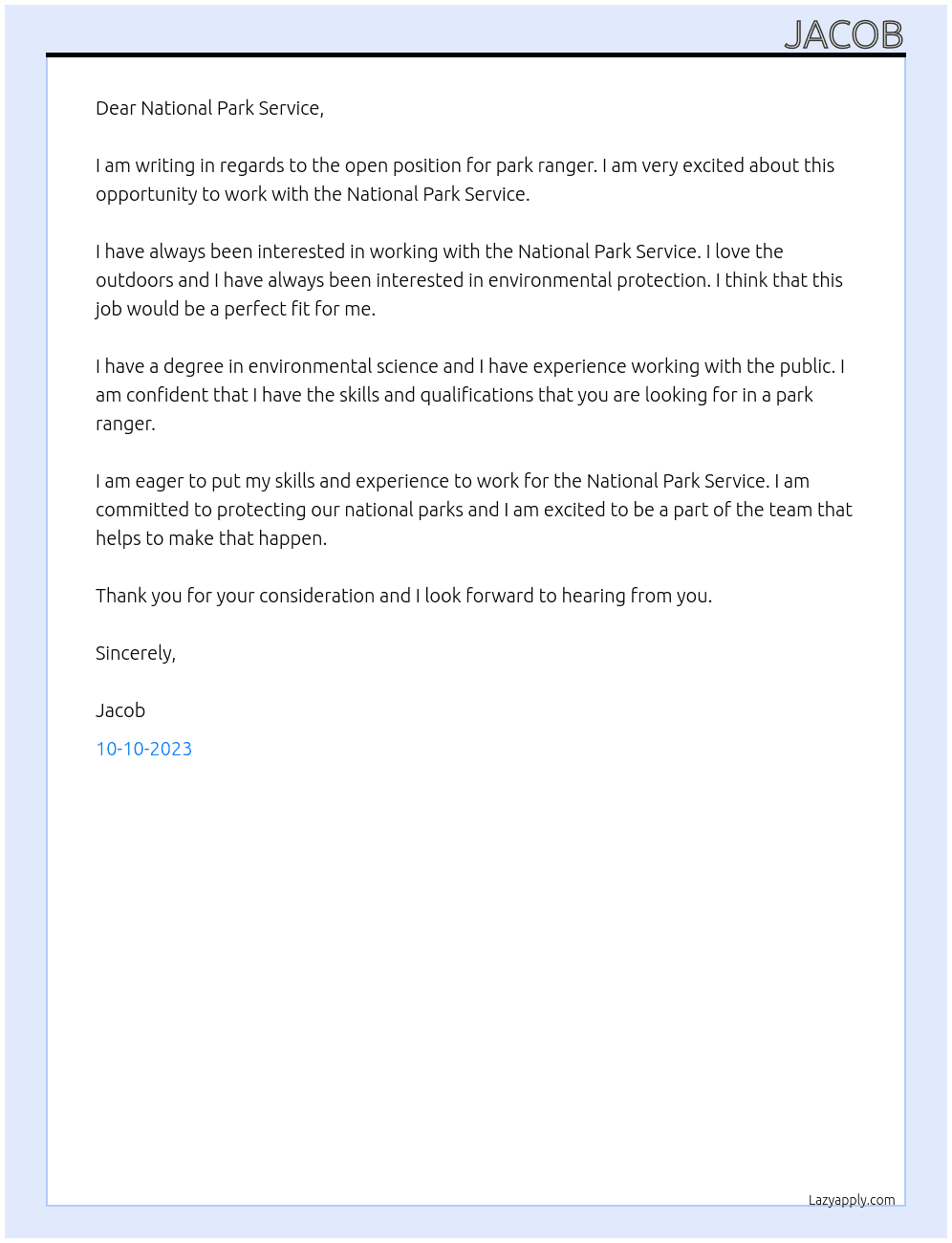 park ranger At NPS Cover Letter