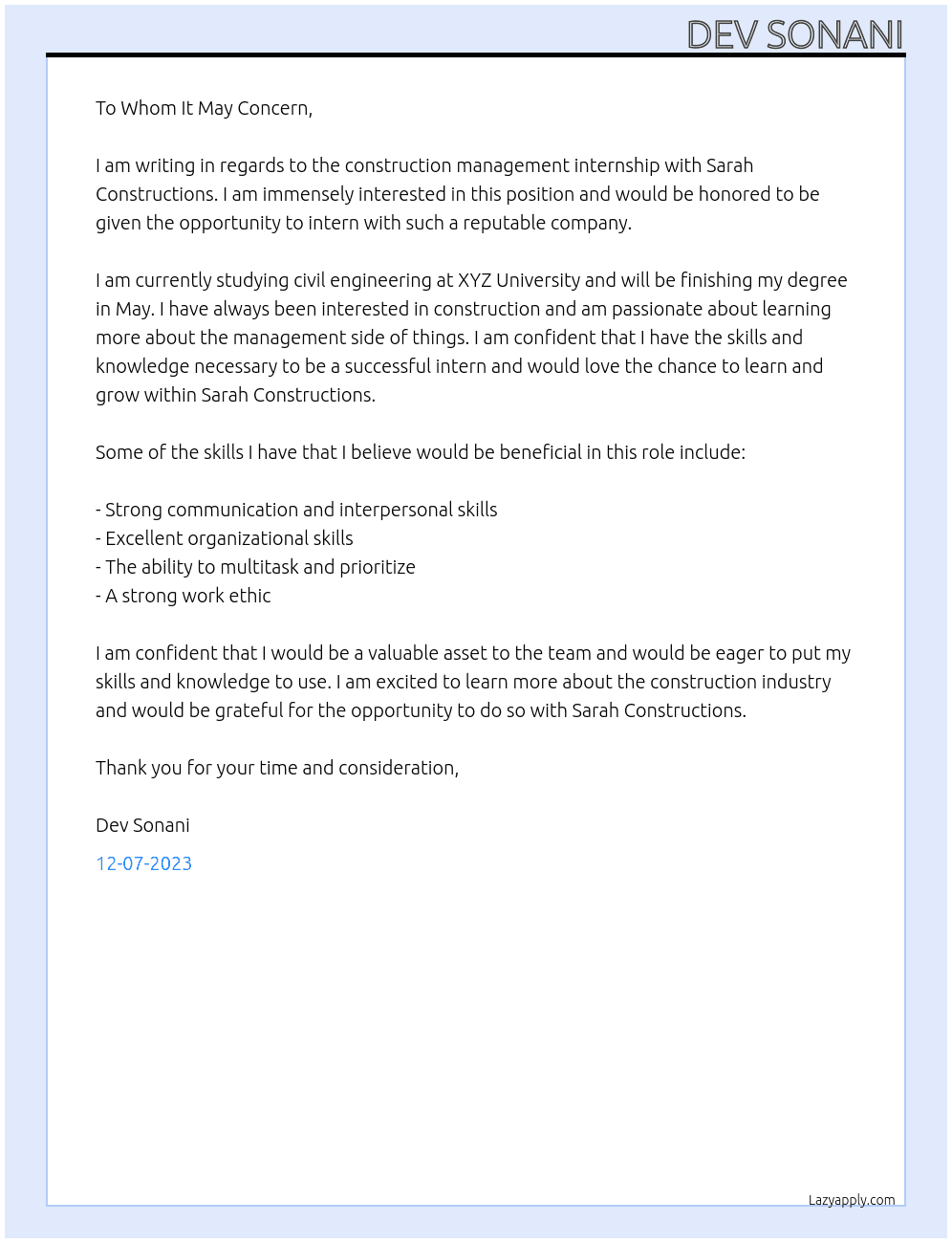 CONSTRUCTION MANAGEMENT INTERNSHIP WITH SARAH CONSTRUCTIONS At SARAH CONSTRUCTIONS Cover Letter