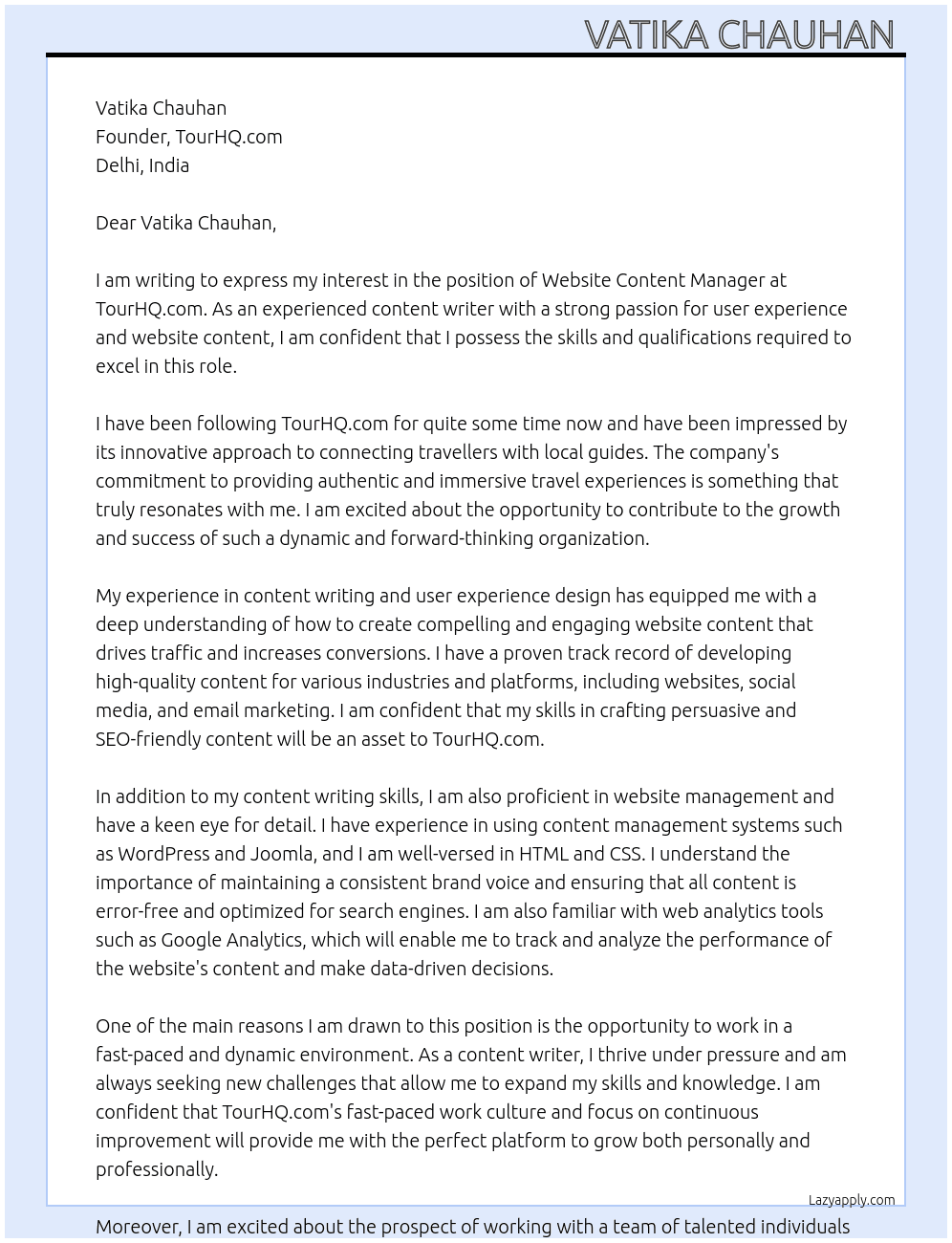 website content manager At TourHQ.com Cover Letter