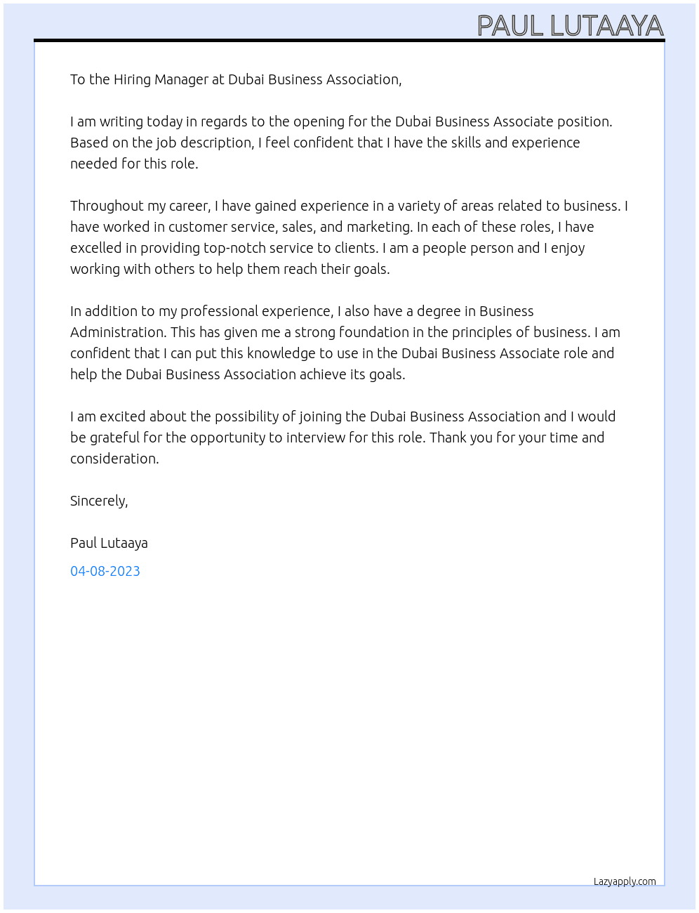 Dubai Business Associate At Dubai Business Association Cover Letter