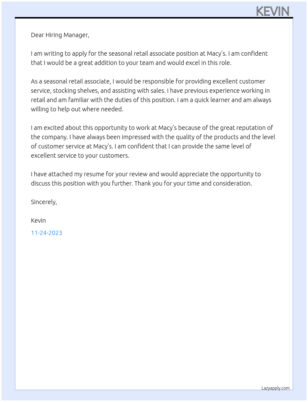 Seasonal retail associate  At Macy’s  Cover Letter