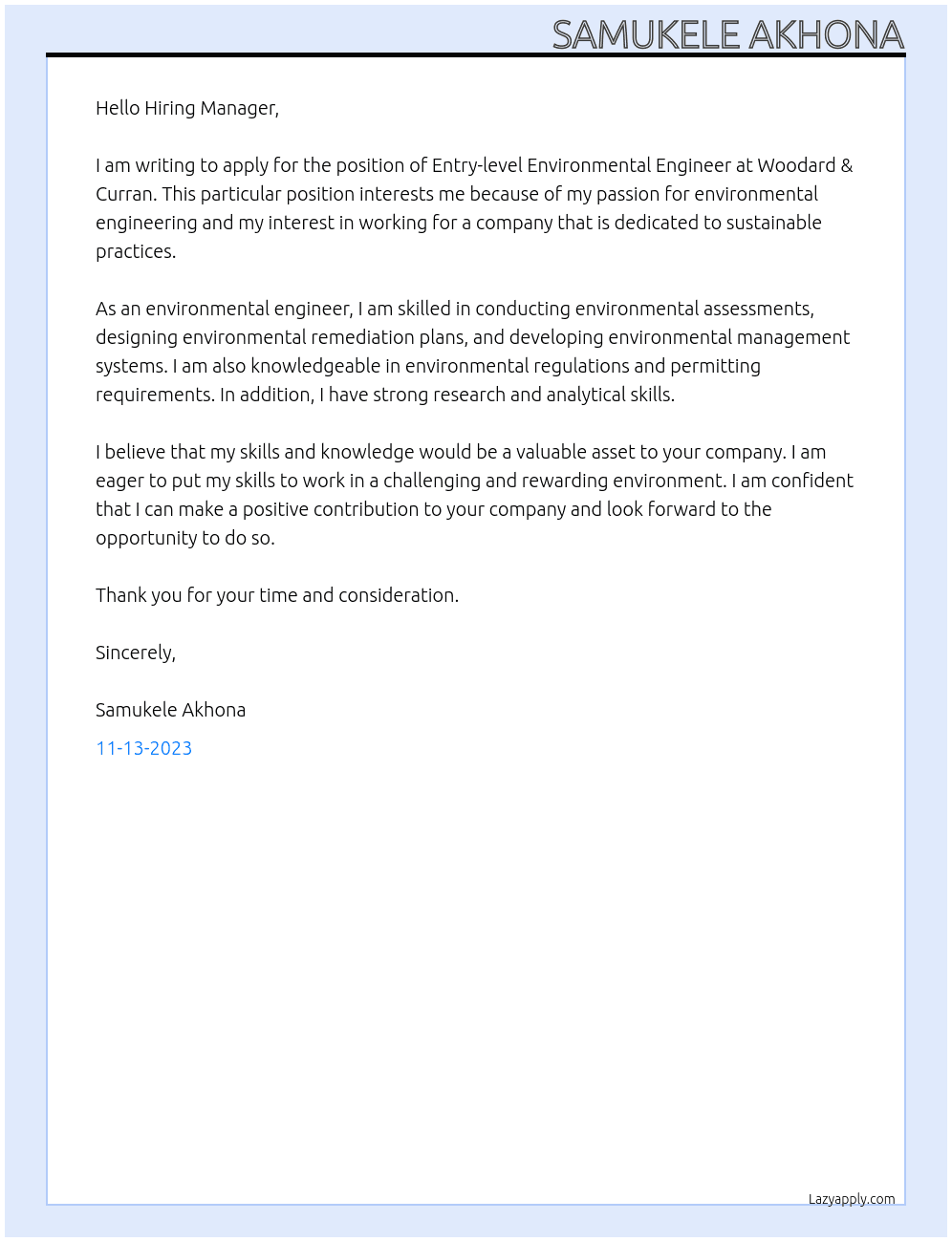 Entry-level Environmental Engineer At Woodard & Curran Cover Letter