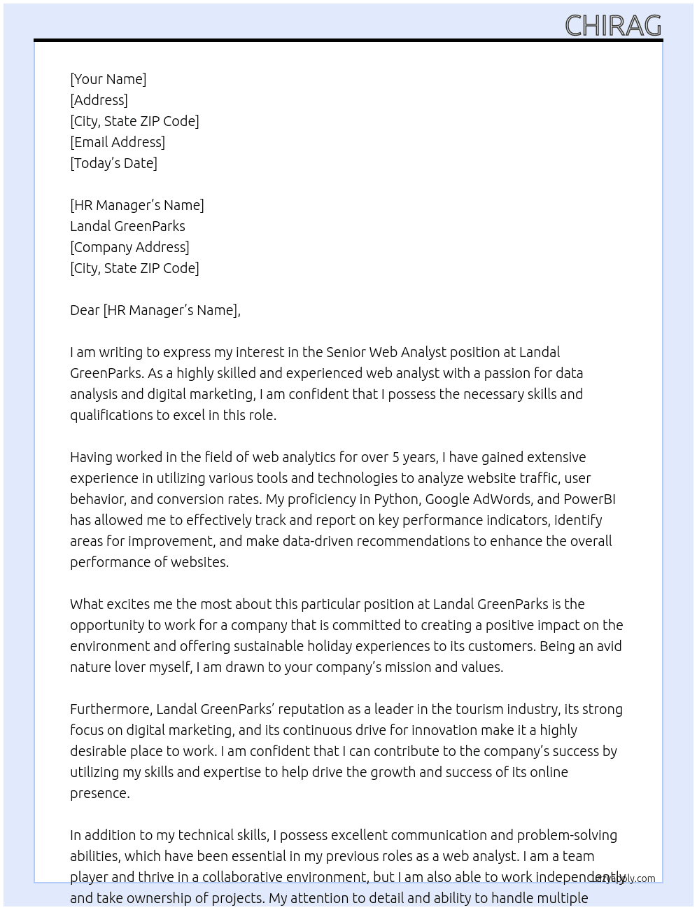 Senior web Analyst At Landal GreenParks Cover Letter