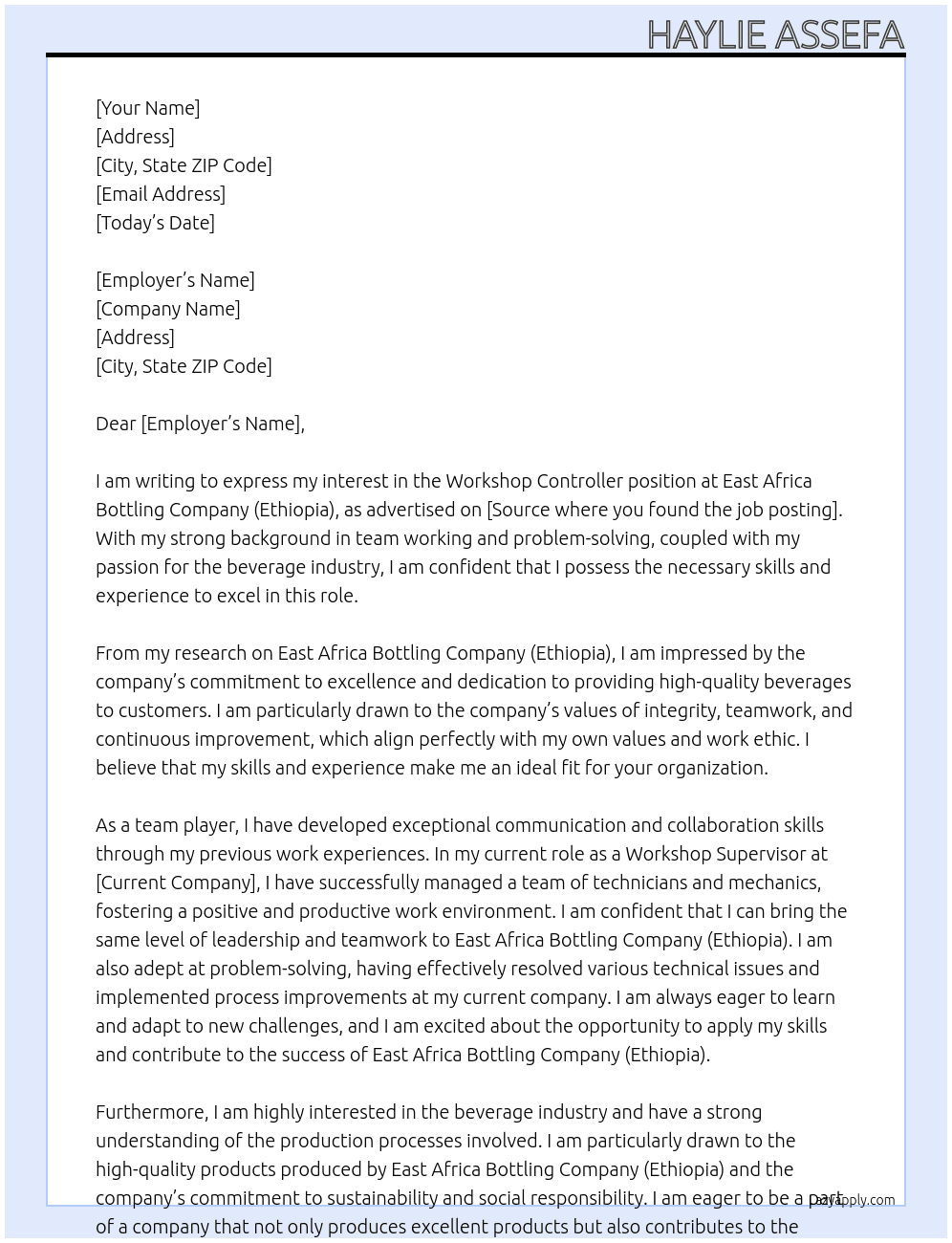 Cover letter for workshop controller - LazyApply