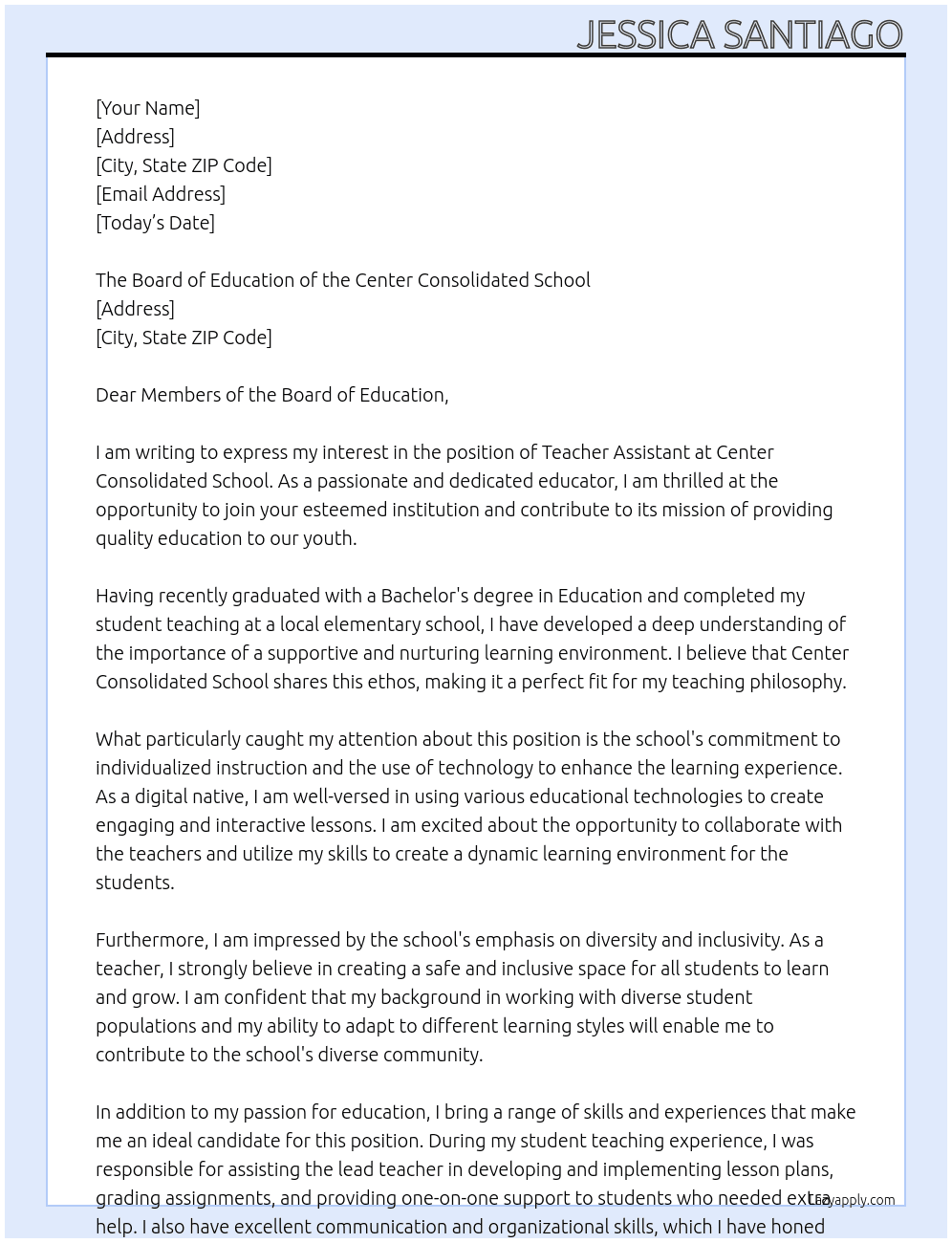 teacher assistant At Center Consolidated School  Cover Letter