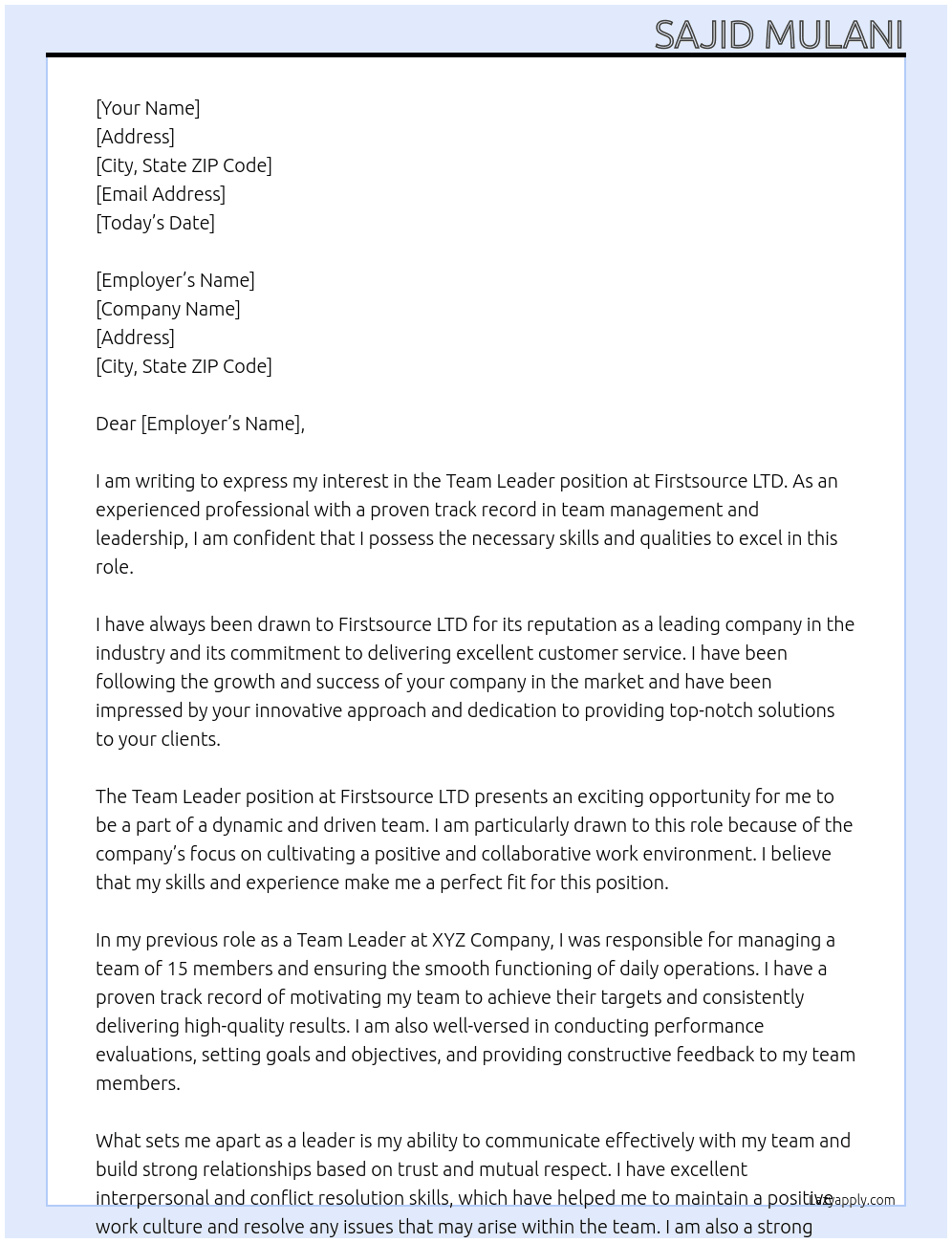 Team Leader At Firstsource LTD Cover Letter