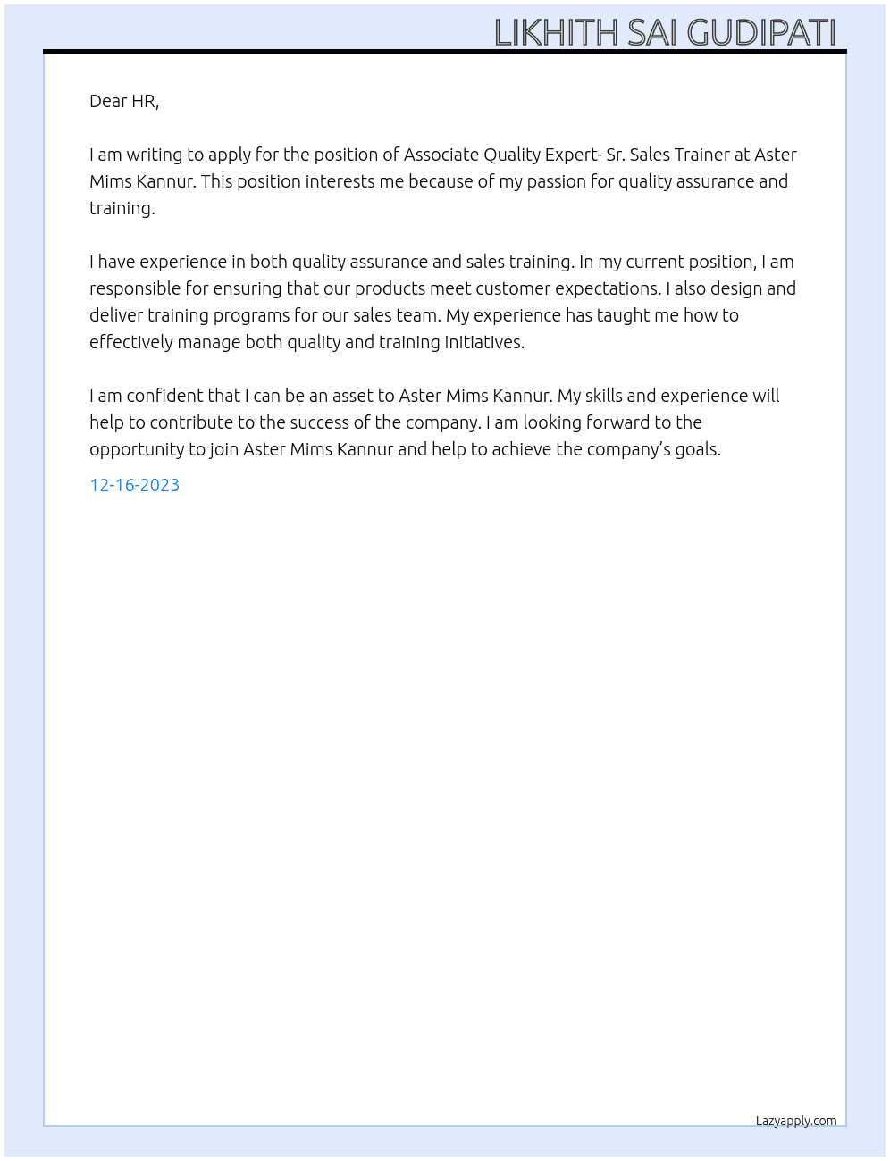Associate Quality expert- Sr. Sales Trainer  At Aster Mims Kannur Cover Letter