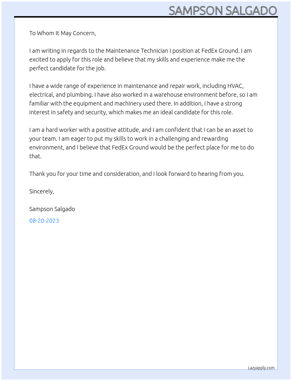 Maintenance Technician I  At FedEx Ground Cover Letter