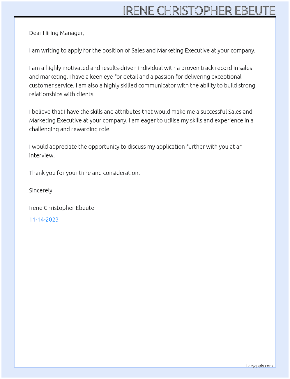 Sales and Marketing Executive  At your Company Cover Letter