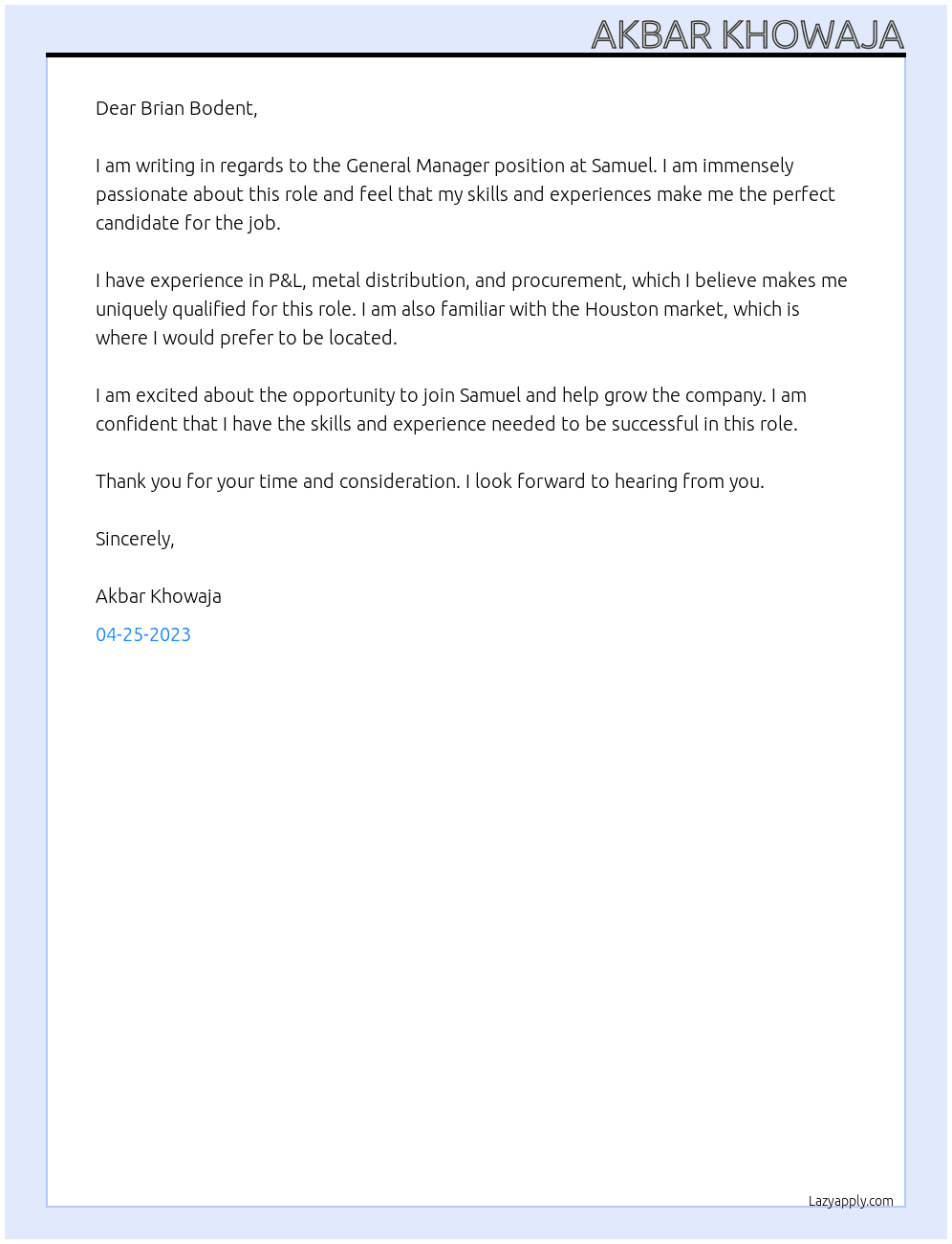 General Manager At Samuel Cover Letter