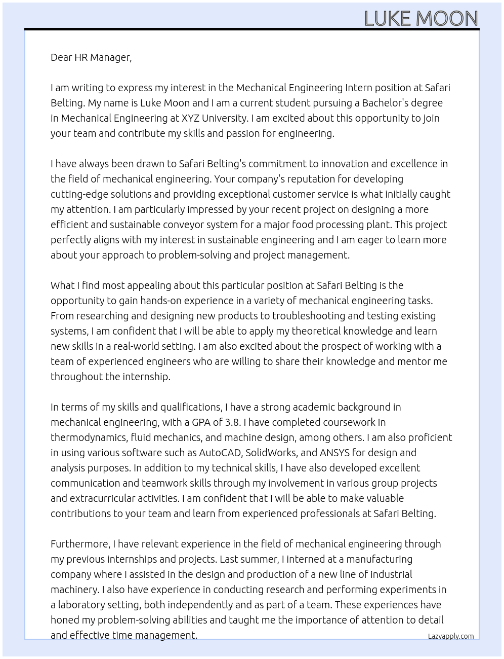 Mechanical Engineering Intern At Safari Belting Cover Letter