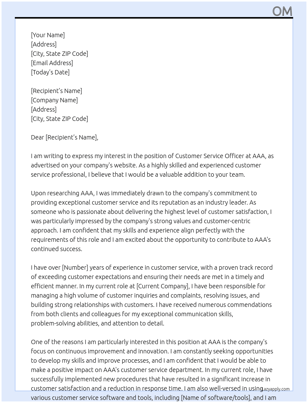 Customer Service Officer At AAA Cover Letter