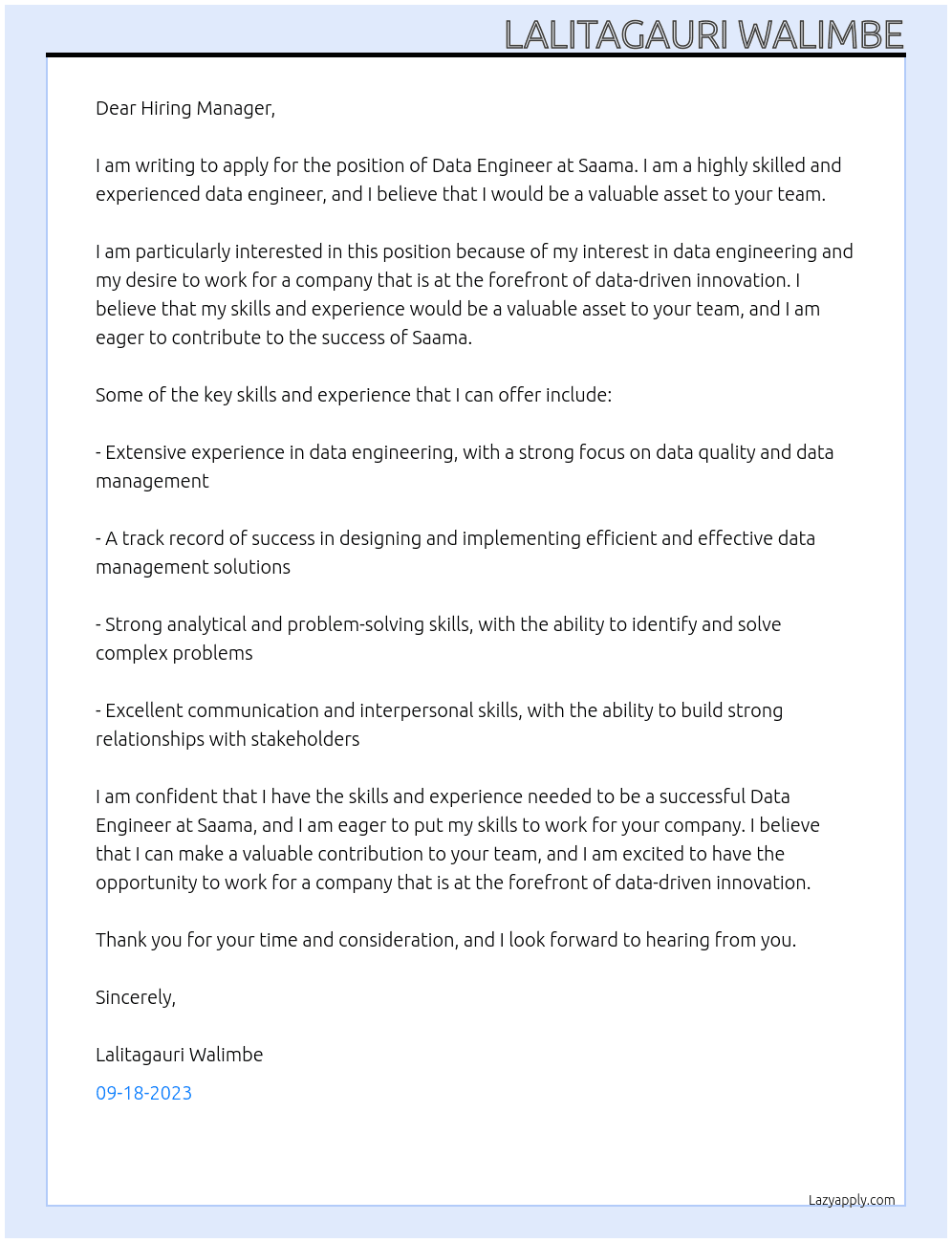 Data Engineer  At Saama Cover Letter
