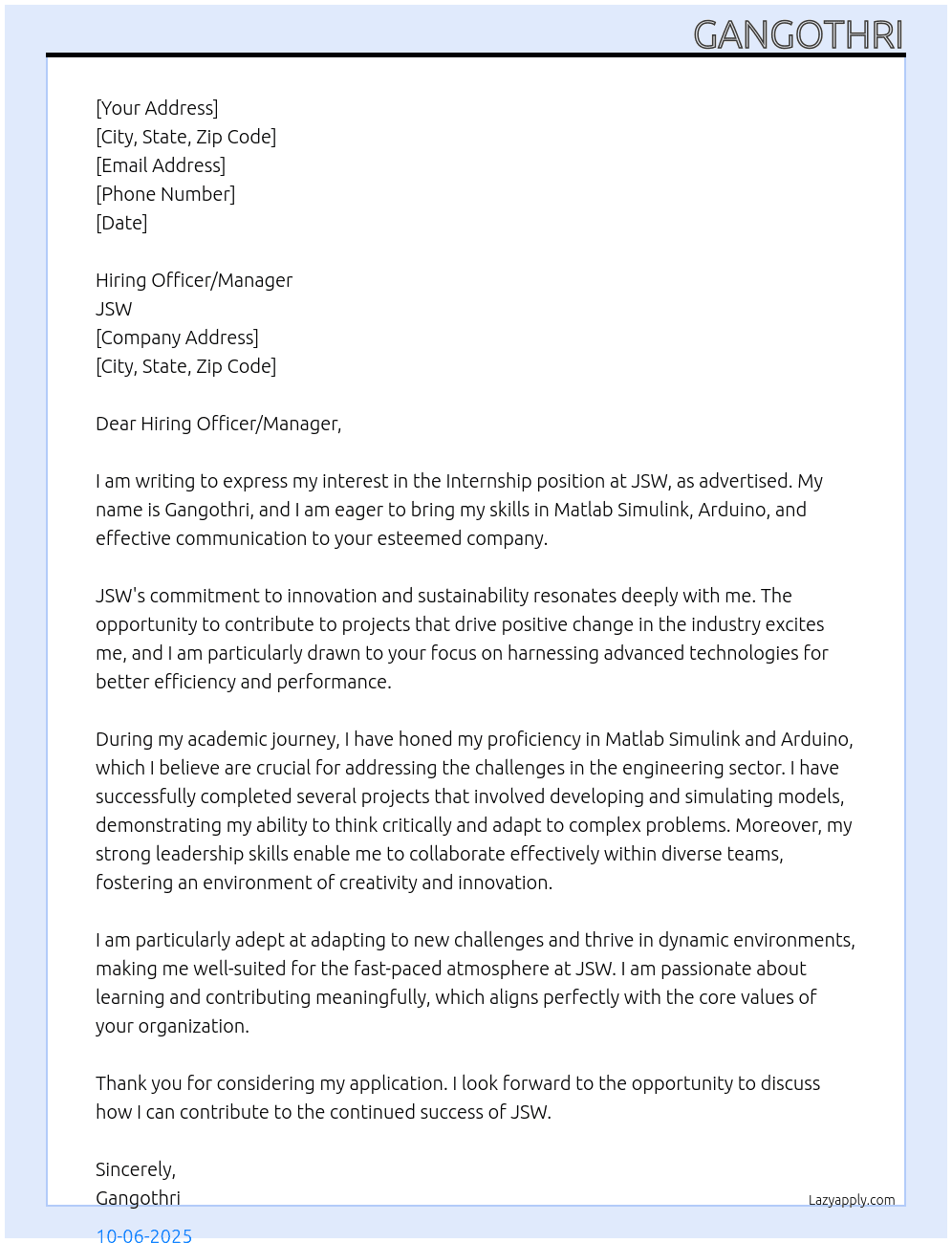 Internship At JSW Cover Letter