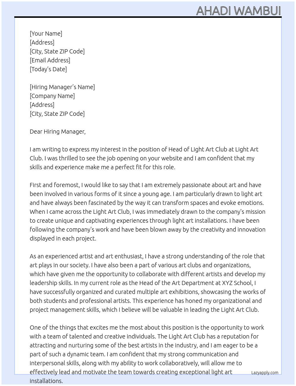 Head of Light Art Club At Light Art Club Cover Letter