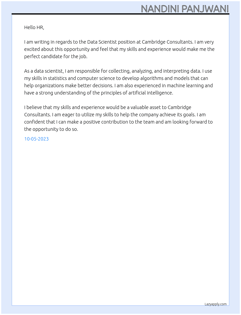 Data Scientist At Cambridge consultantst Cover Letter
