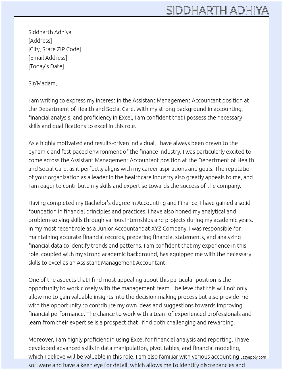 Assistant Management Accountant At Department of Health and Social Care Cover Letter