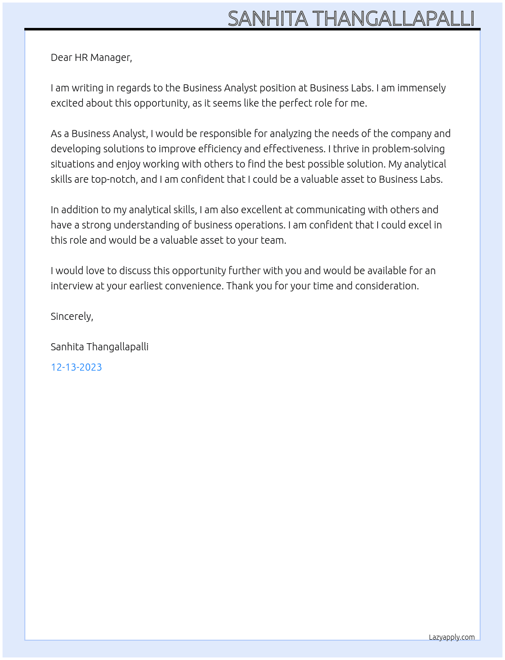business analyst At Bussiness Labs Cover Letter