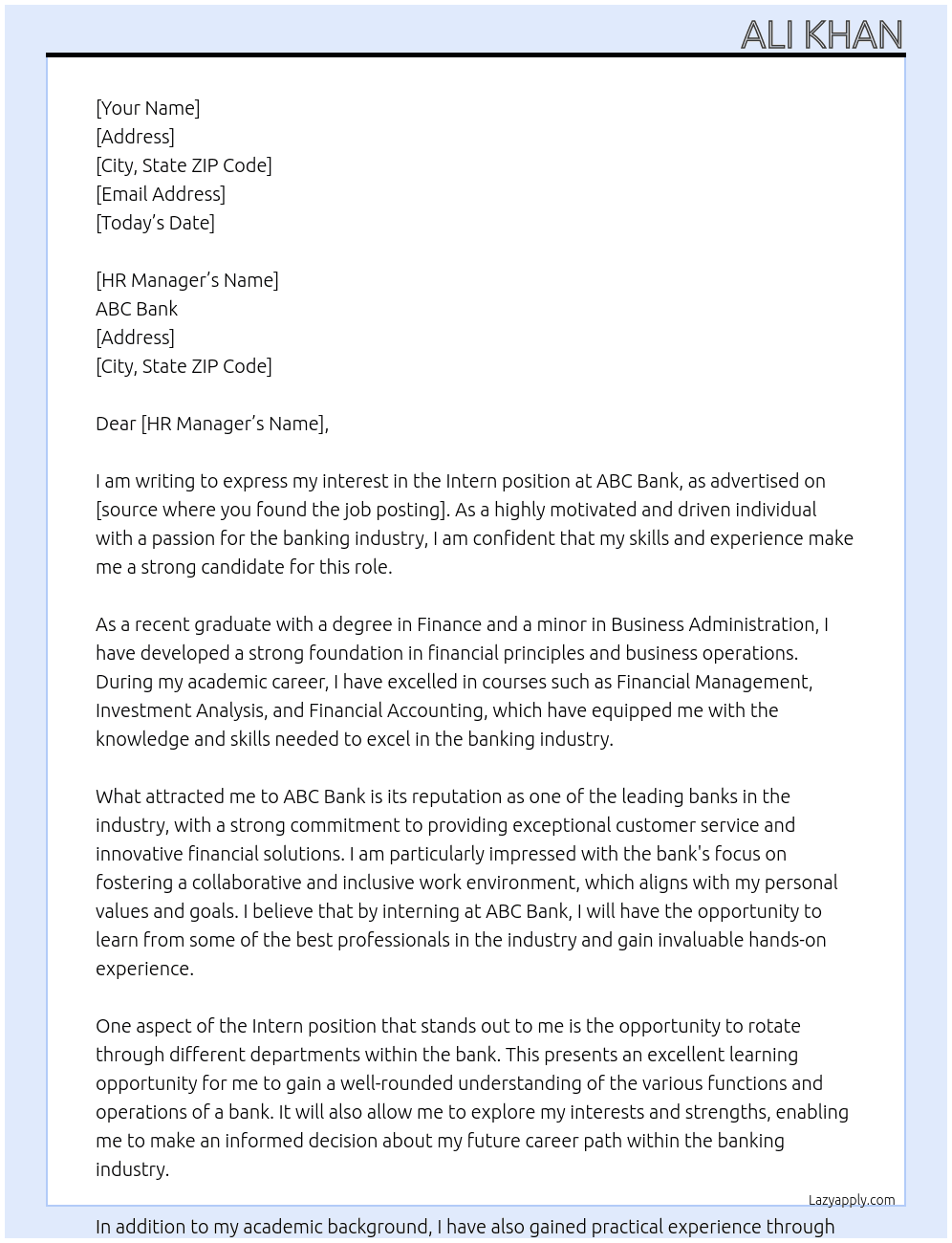 Intern At ABC Bank Cover Letter