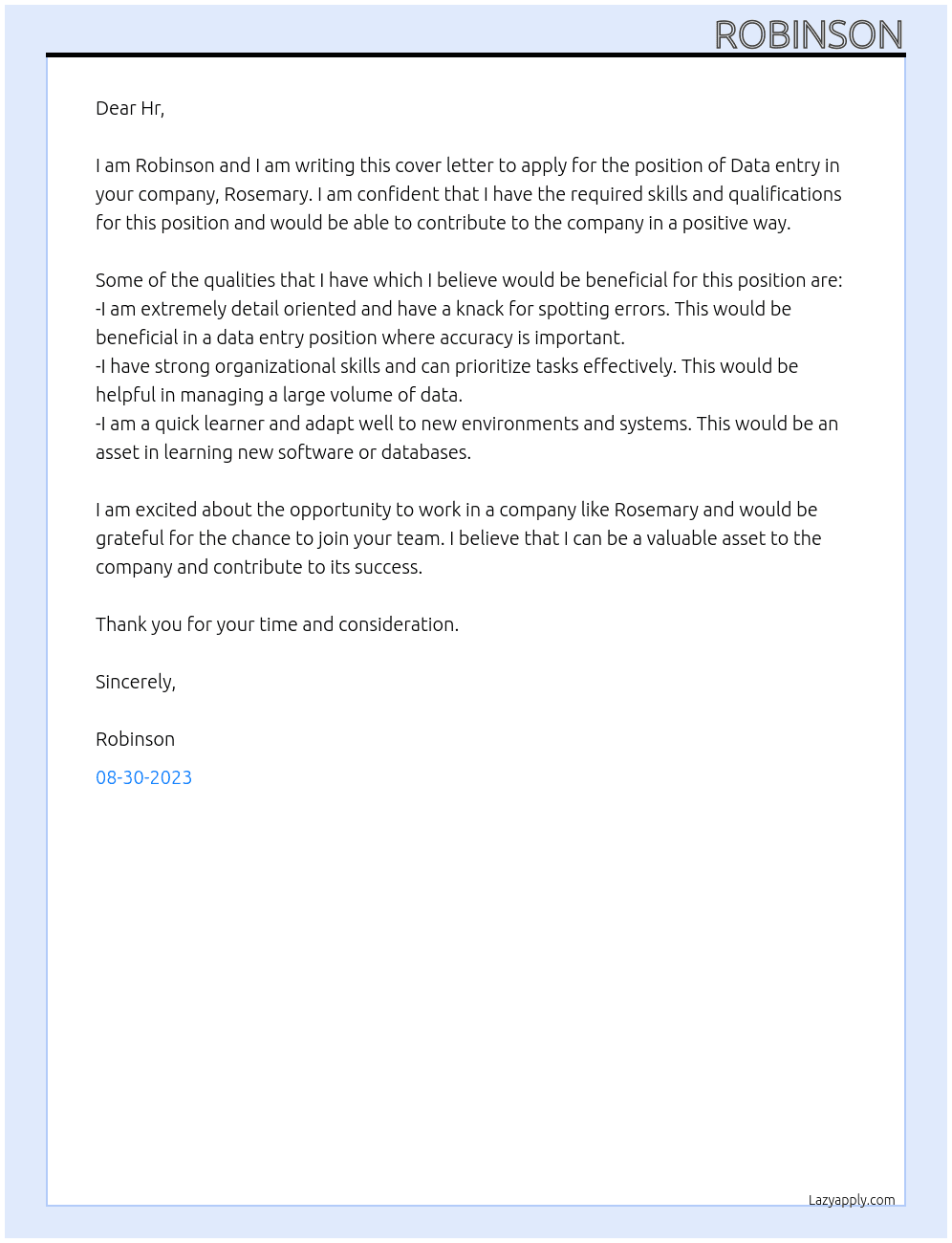 Data entry At Rosemary Cover Letter