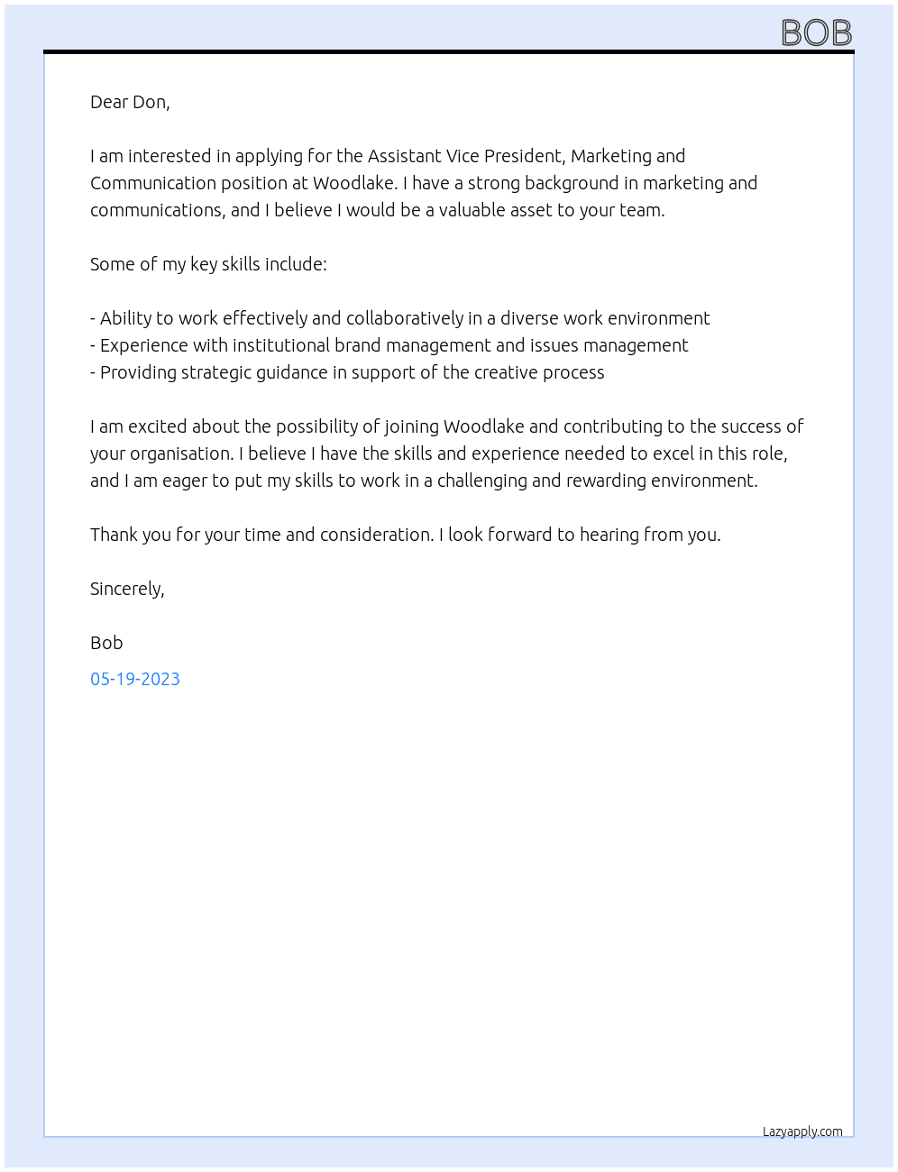 Assistant Vice President, Marketing and Communication At woodlake Cover Letter