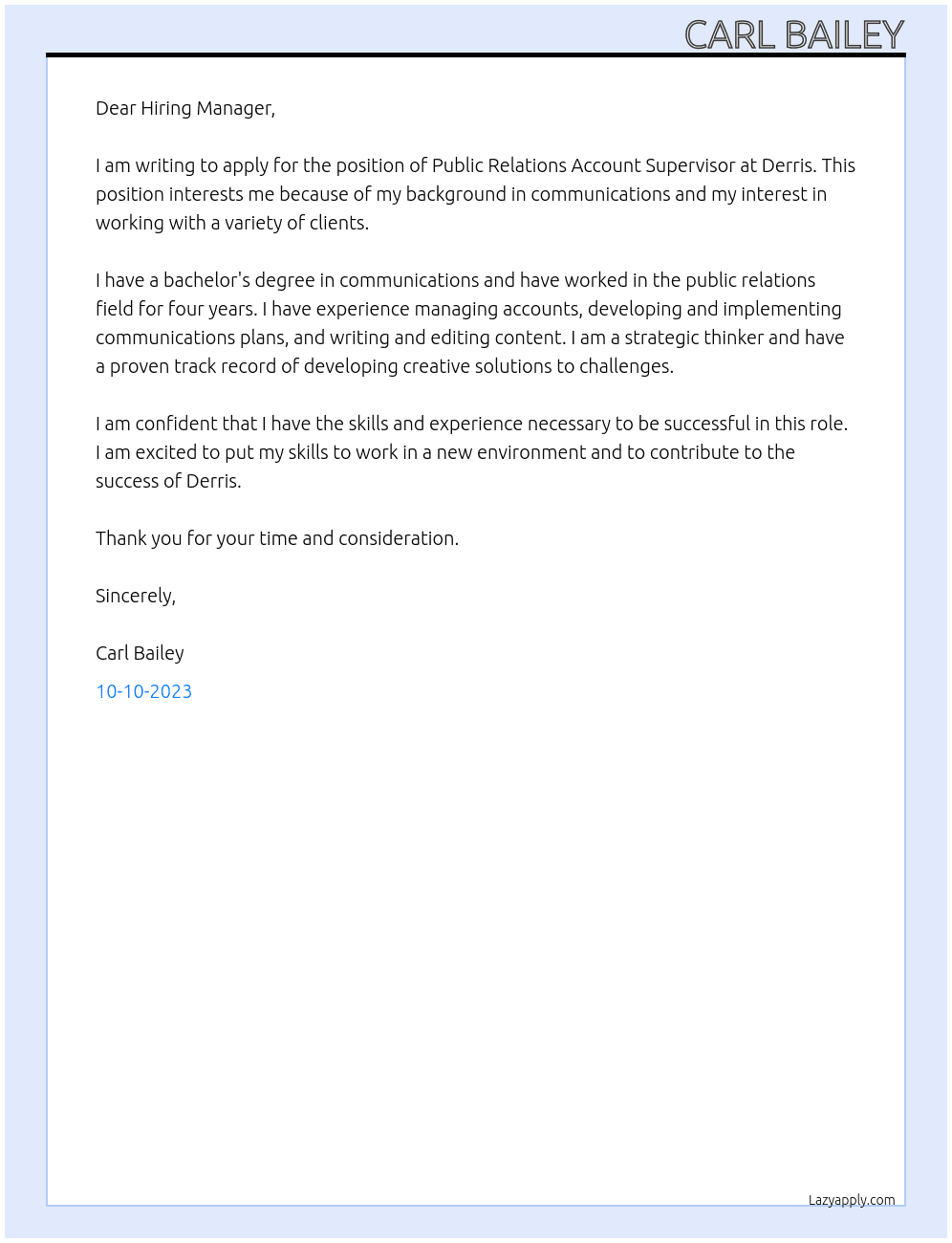 Public Relations Account Supervisor At Derris  Cover Letter
