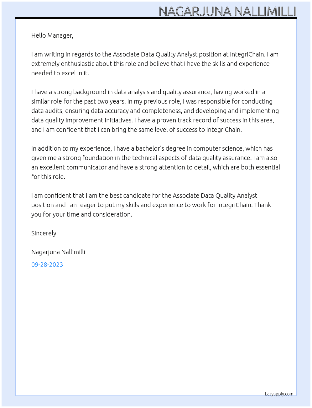 Associate  data quality analyst At IntegriChain Cover Letter